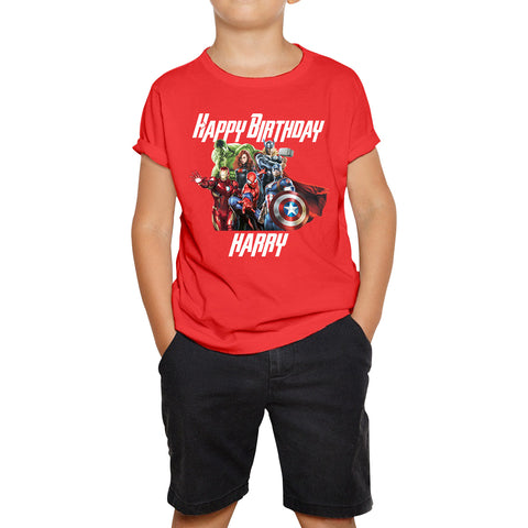 Personalised Happy Birthday Your Name Or Text Marvel Avengers Superheroes Characters Birthday Party Action Adventure Movie Kids T Shirt