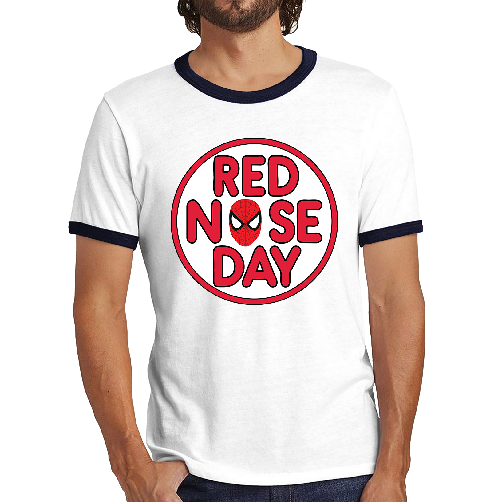 Spiderman Face Red Nose Day Ringer T Shirt. 50% Goes To Charity