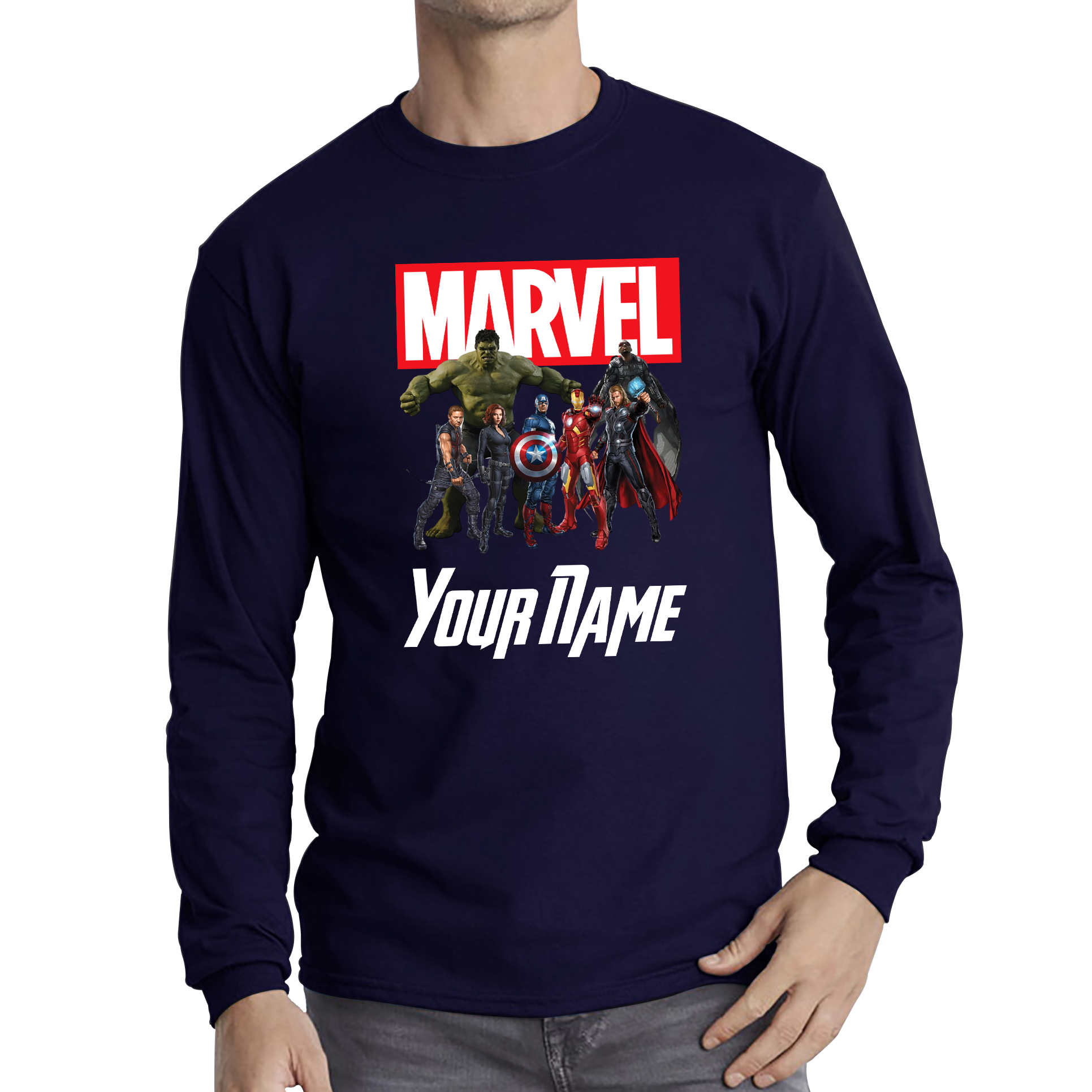 Personalised Marvel Avengers Superheroes Team Your Custom Name Adult Long Sleeve T Shirt