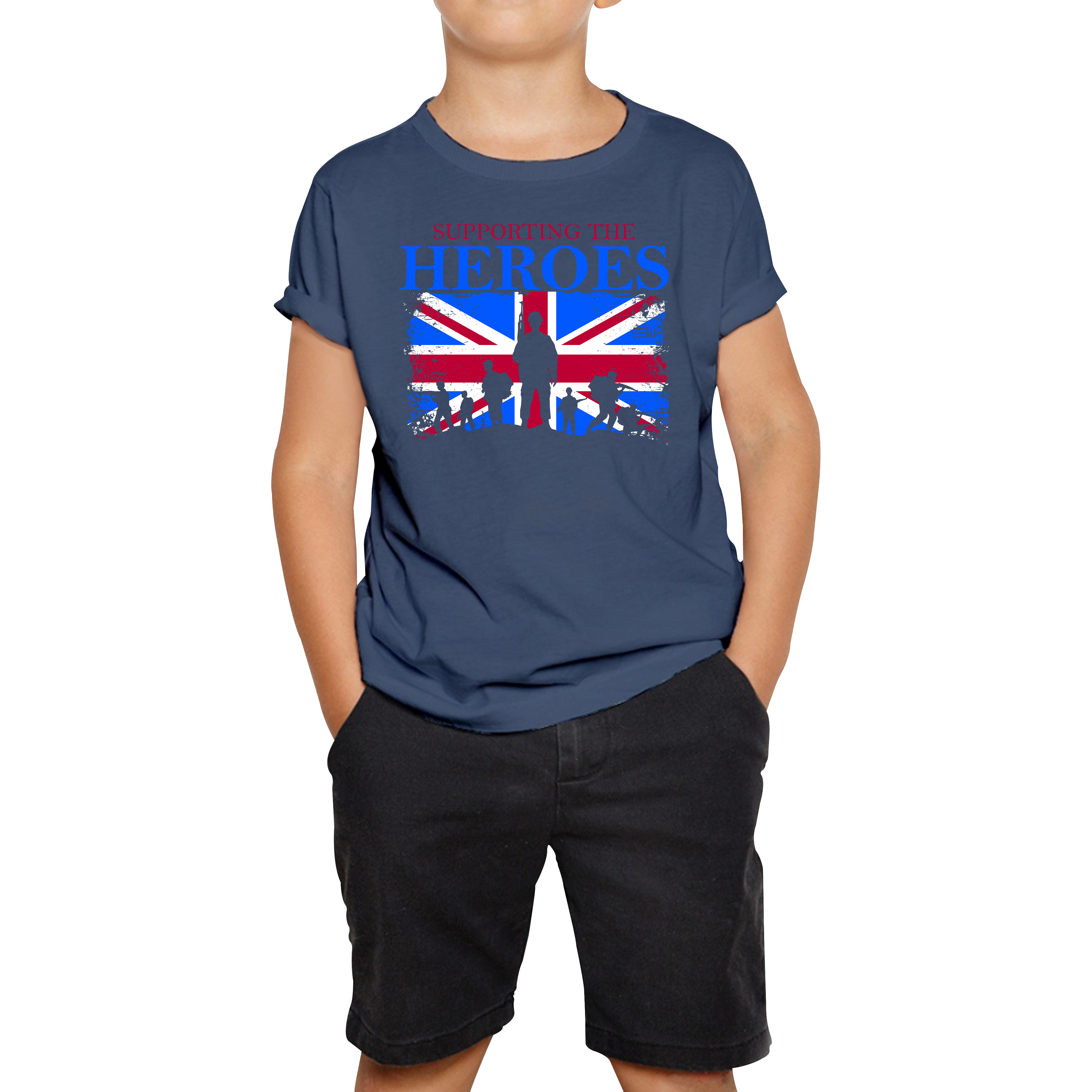 Remembrance Day T-shirt Supporting The Heroes UK Flag British Armed Forces Veteran Kids Tee