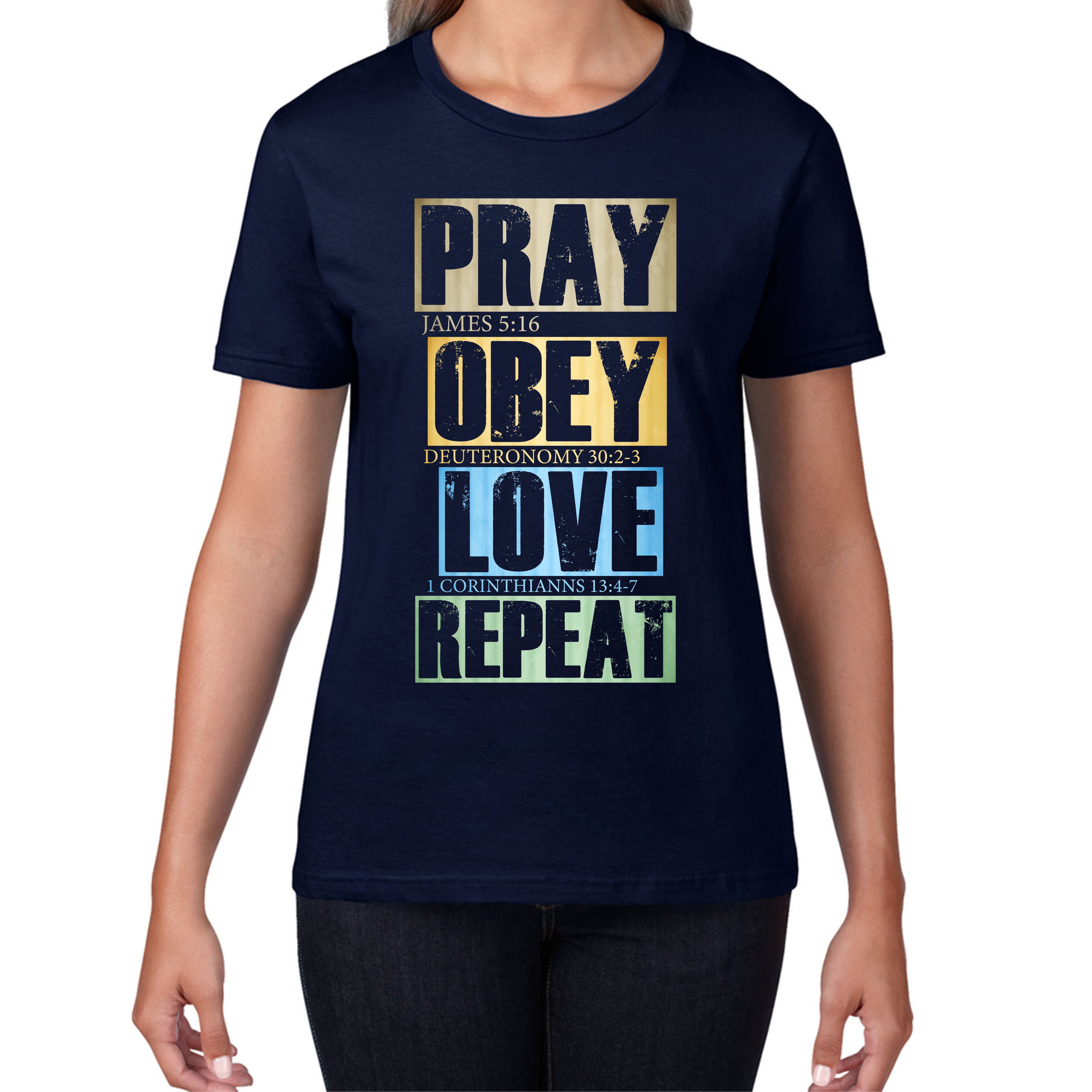 Pray Obey Love Repeat Vintage Christian Bible Christianity Womens Tee Top