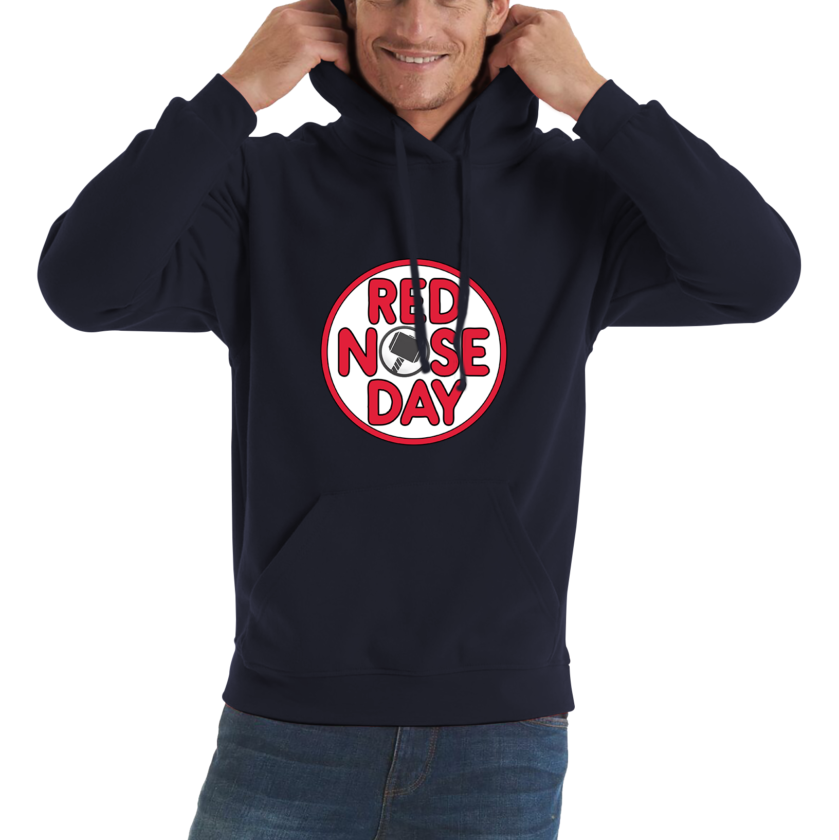 Marvel Avenger Thor Hammer Red Nose Day Adult Hoodie. 50% Goes To Charity