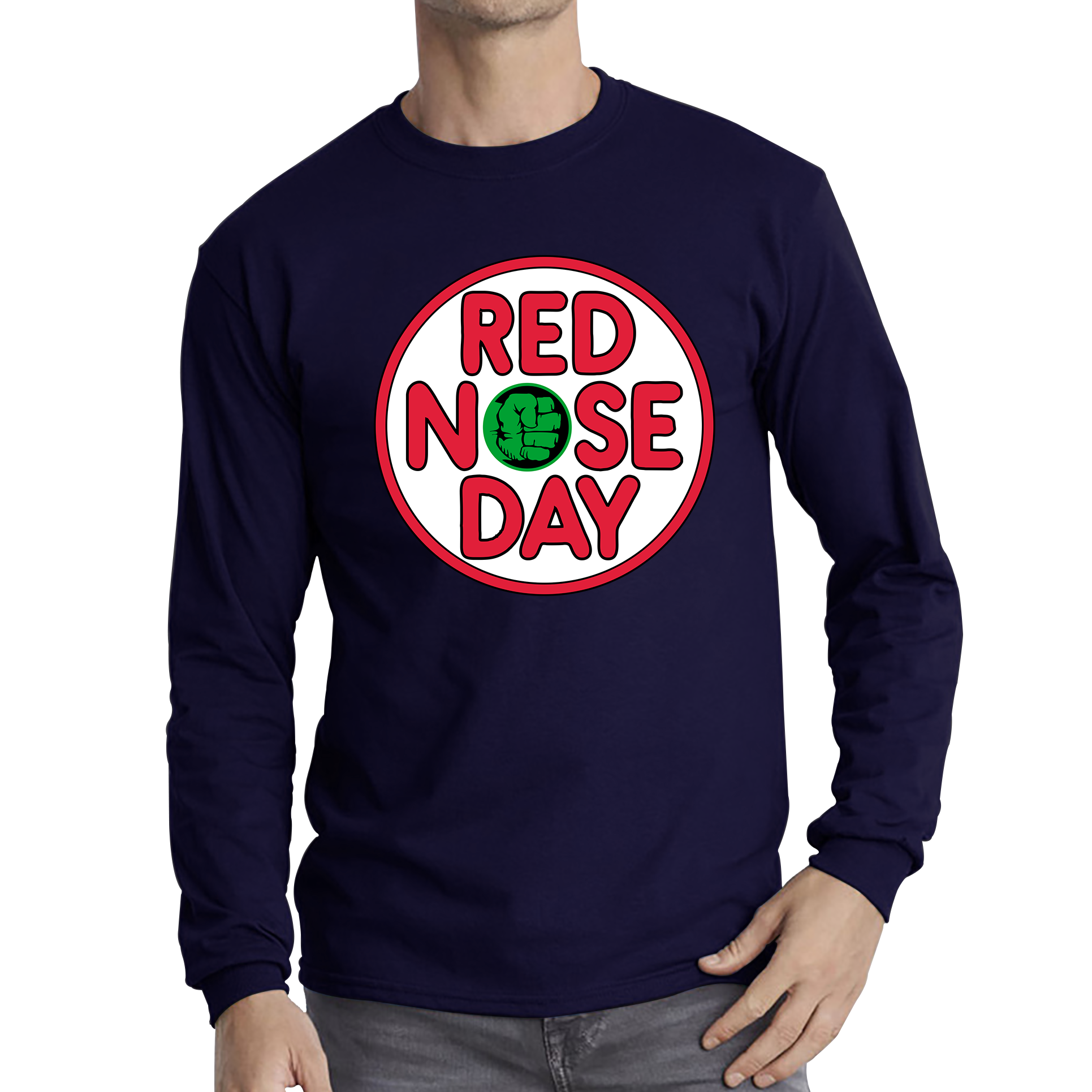 Marvel Avengers Hulk Hand Red Nose Day Adult Long Sleeve T Shirt. 50% Goes To Charity