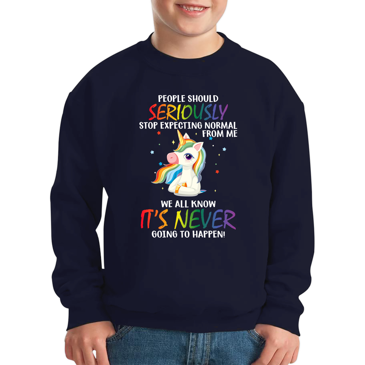 People Should Seriously Stop Expecting Normal From Me Unicorn Horse Jumper Funny Sarcastic Joke Kids Sweatshirt
