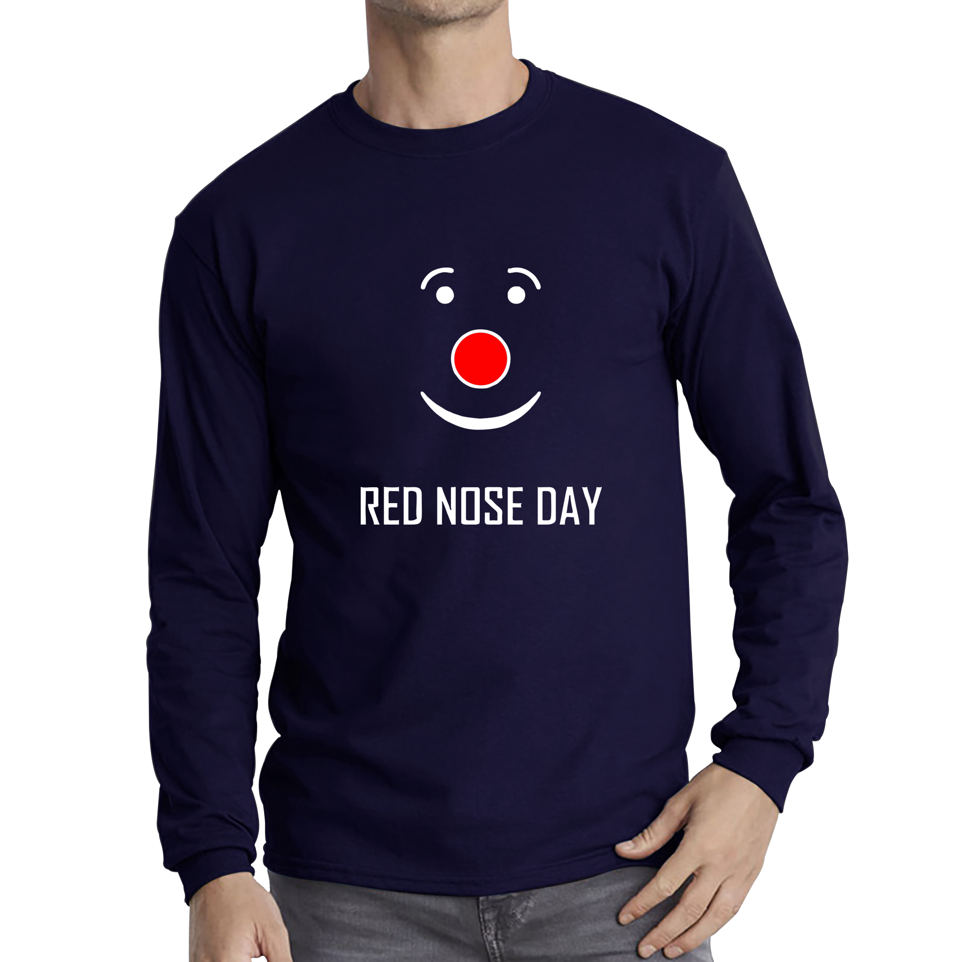 Red Nose Clown Nose Day Adult Long Sleeve T Shirt. 50% Goes To Charity