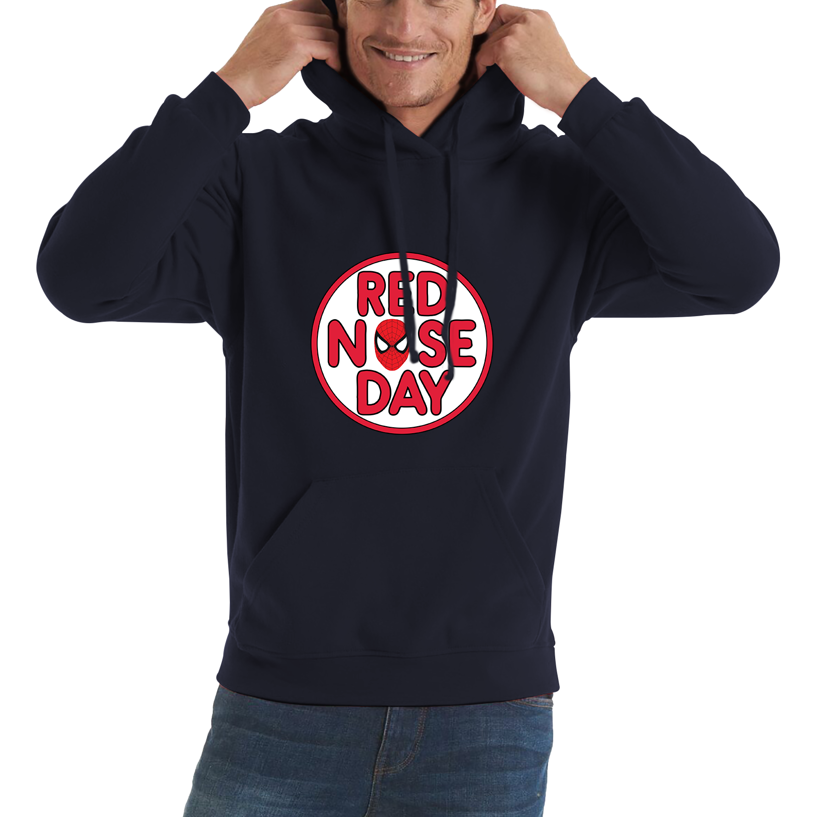 Spiderman Face Red Nose Day Adult Hoodie. 50% Goes To Charity