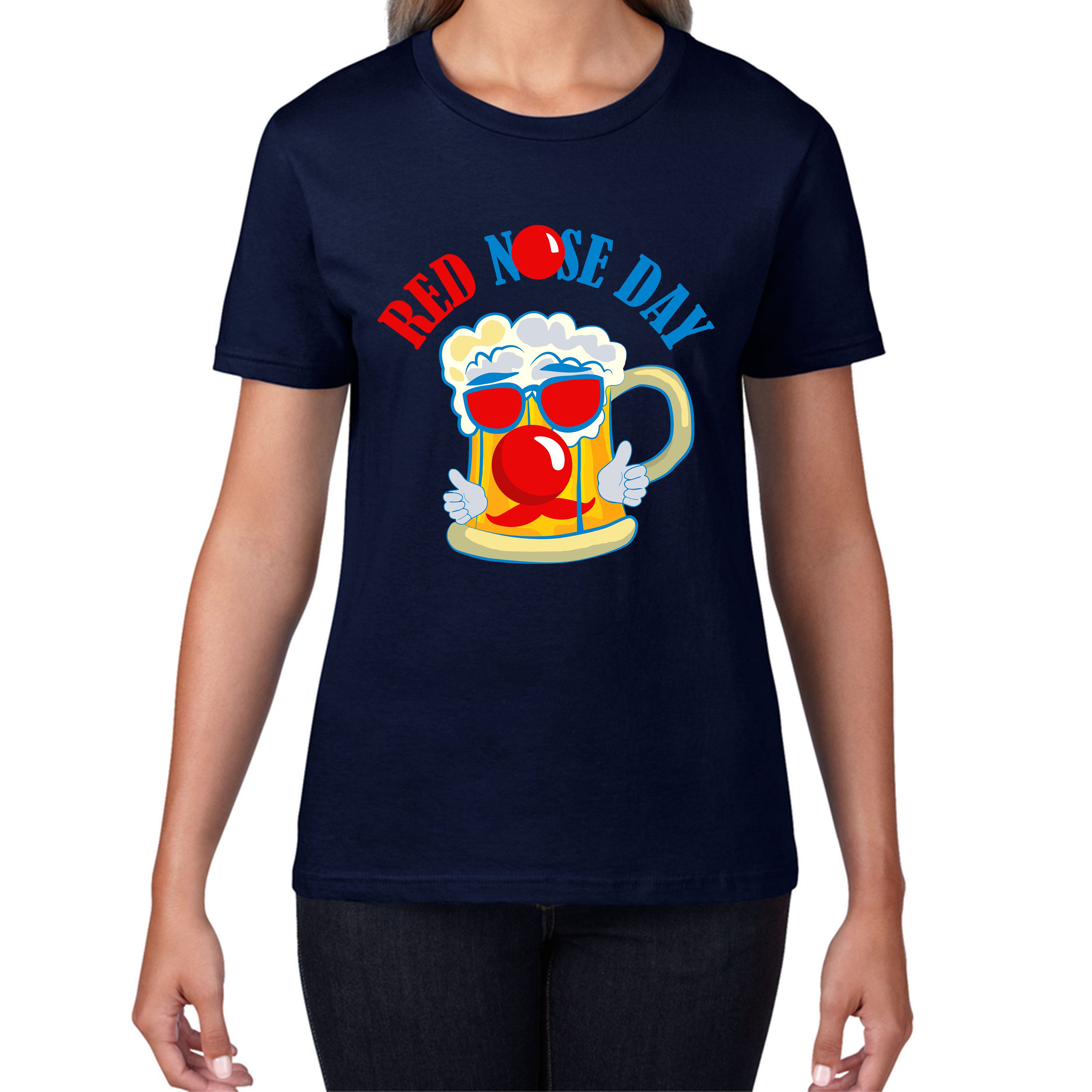 Beer Red Nose Day Funny Ladies T Shirt. 50% Goes To Charity