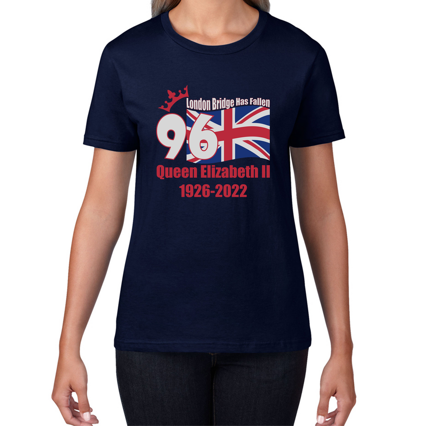 London Bridge Has Fallen 96 Years of Queen Elizabeth II Union Jack British Uk Flag Womens Tee Top