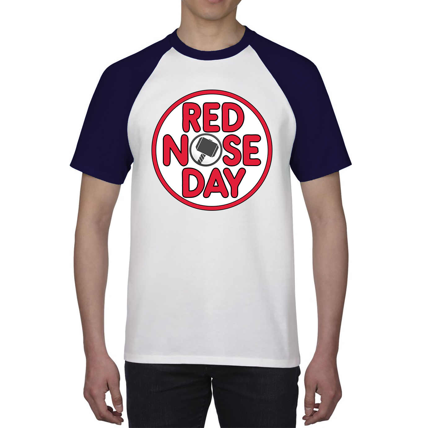 Marvel Avenger Thor Hammer Red Nose Day Baseball T Shirt. 50% Goes To Charity