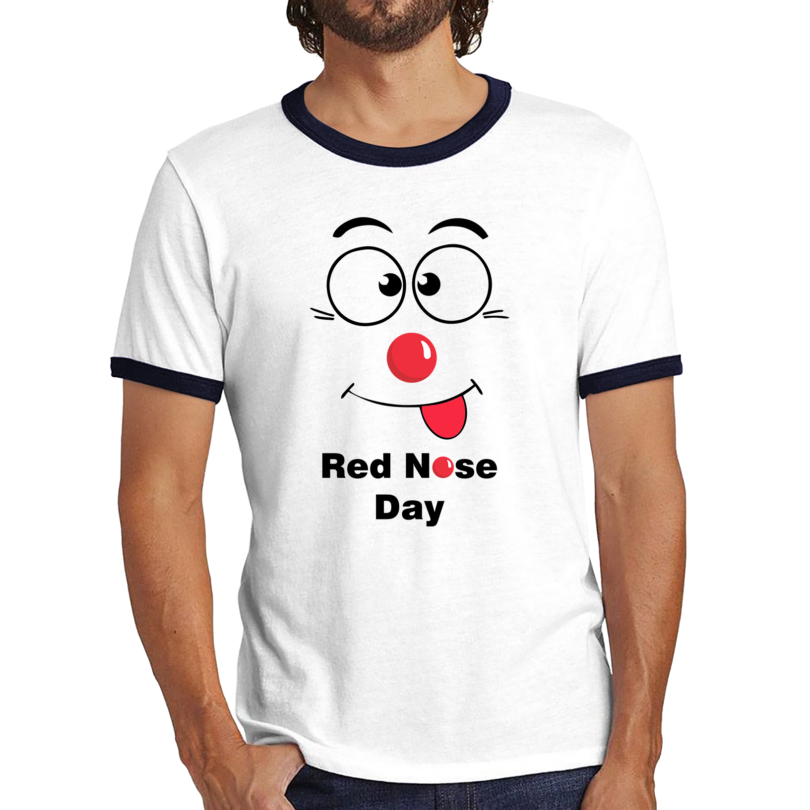 Funny Emoji Face Red Nose Day Ringer T Shirt. 50% Goes To Charity