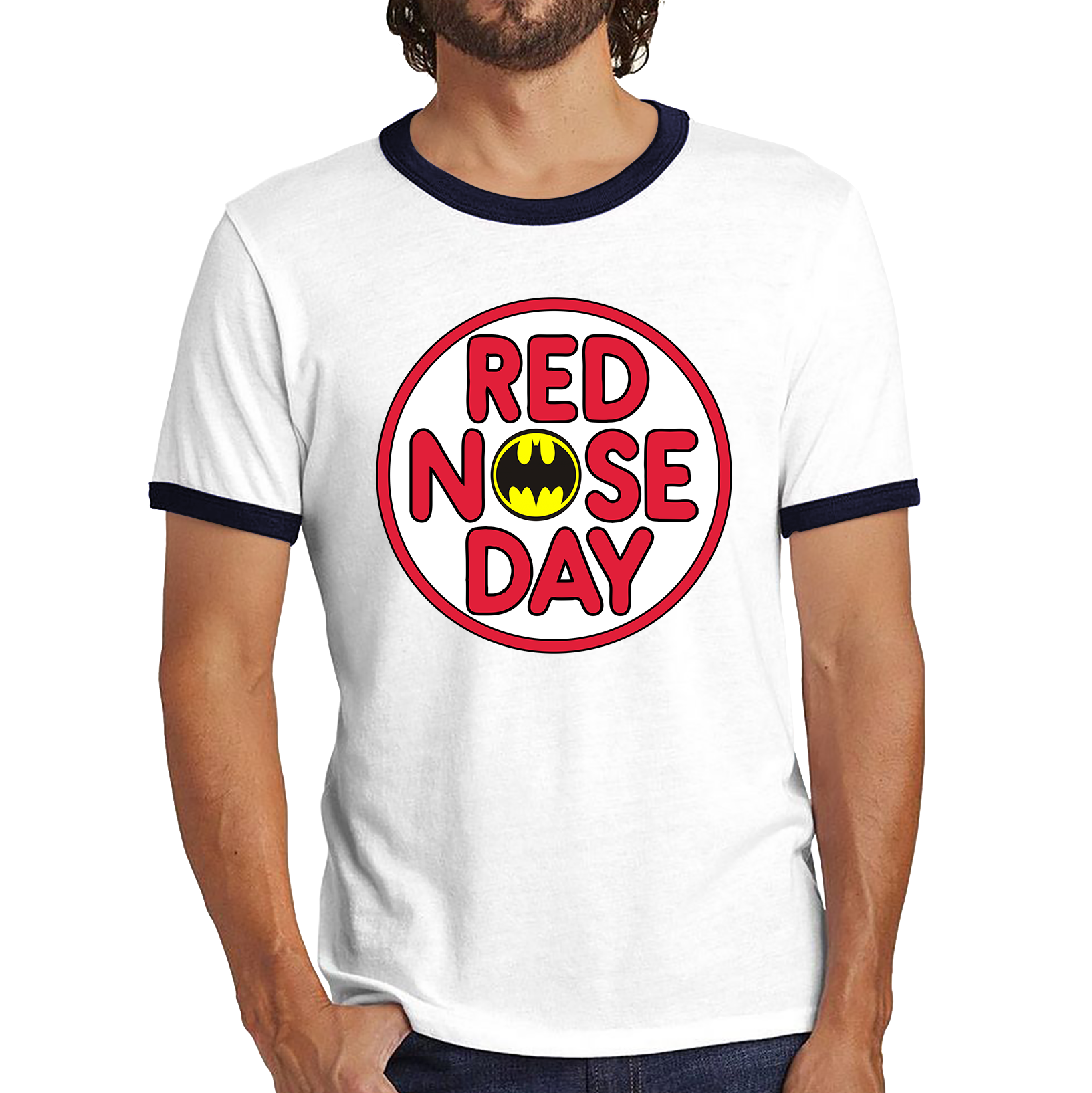 Batman Red Nose Day Ringer T Shirt. 50% Goes To Charity