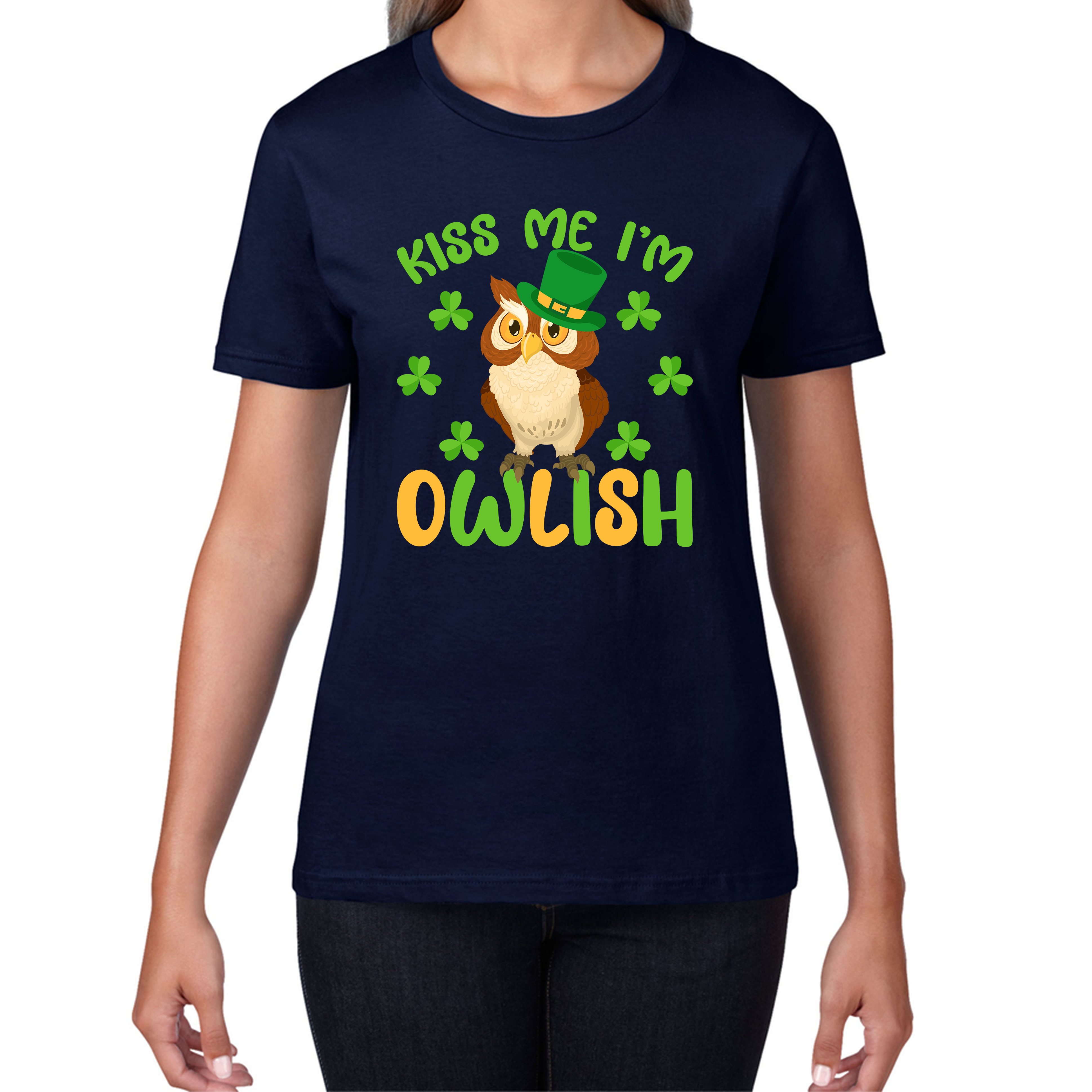 Kiss Me I'm Owlish St. Patrick's Day Irish Festival Funny Irish Owl Saint Patrick's Day Womens Tee Top