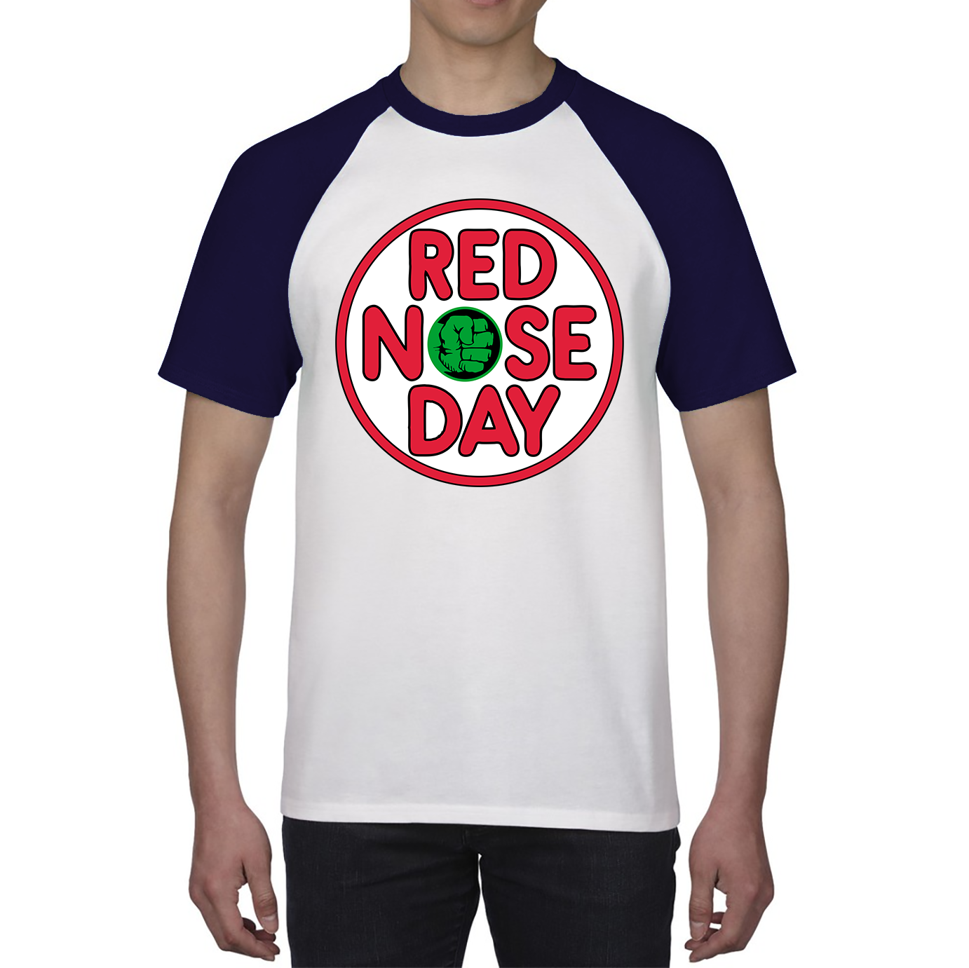 Marvel Avengers Hulk Hand Red Nose Day Baseball T Shirt. 50% Goes To Charity