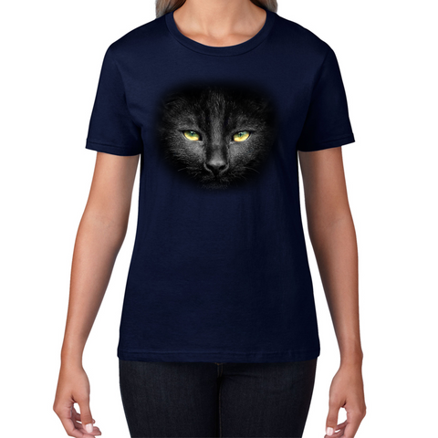 Black Cat Yellow Eyes T-shirt Big Print Full-On Front Spooky Horror Scary Black Cat Womens Tee Top