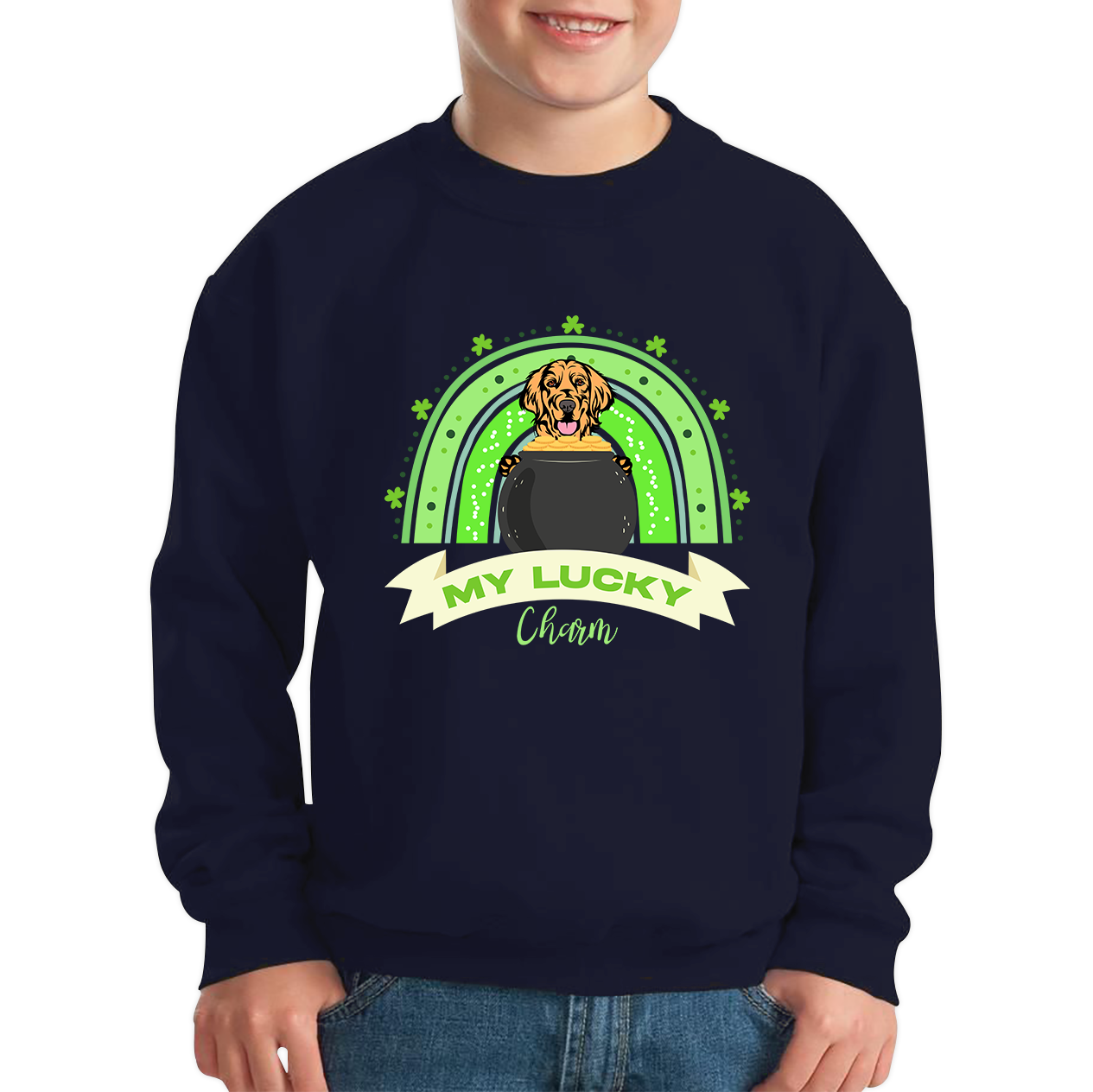 Golden Retriever Dog My Lucky Charm St. Patrick's Day Puppy Animal Pet Dog Lovers St Pattys Day Irish Festive Kids Jumper