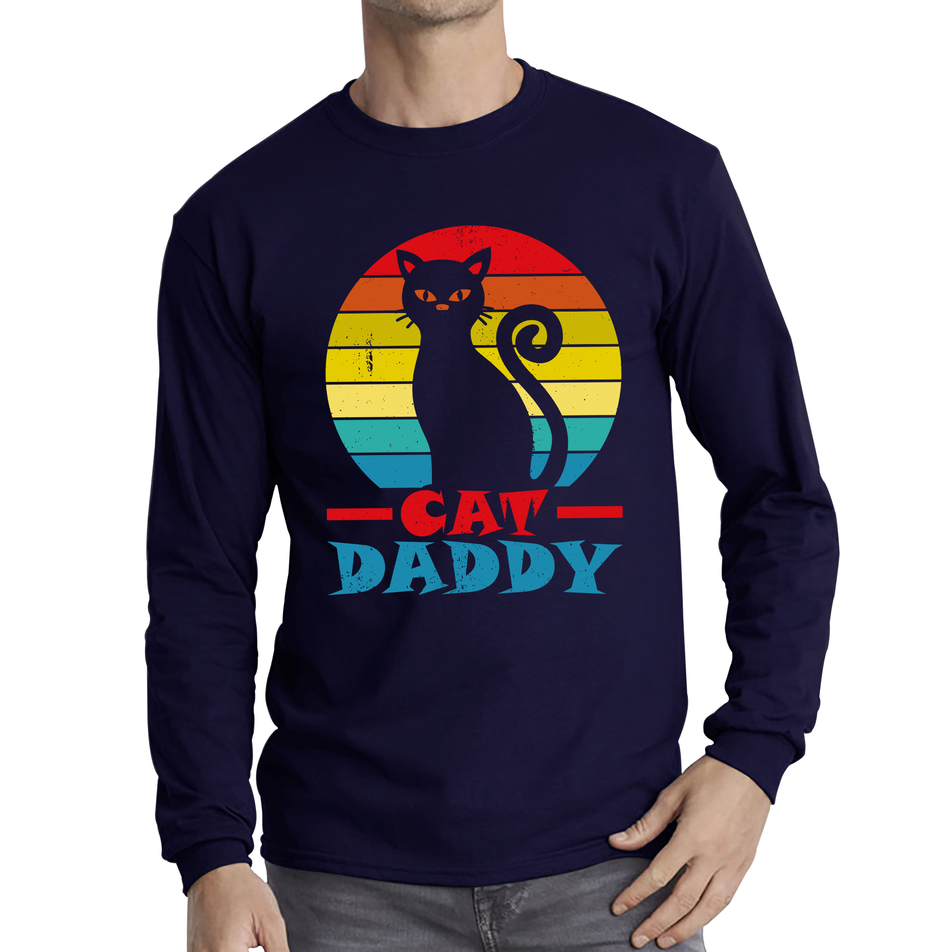 Cat Daddy Vintage Eighties Style Cat Retro Distressed Adult Long Sleeve T Shirt