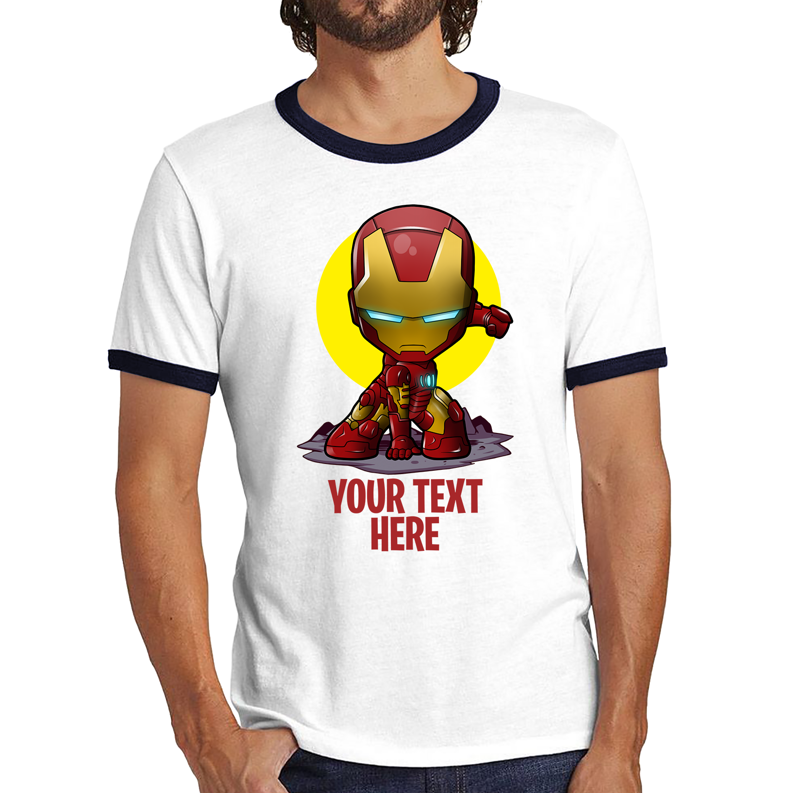 Personalised Your Text Iron Man Shirt DC Comic Superhero Birthday Gift Ringer T Shirt