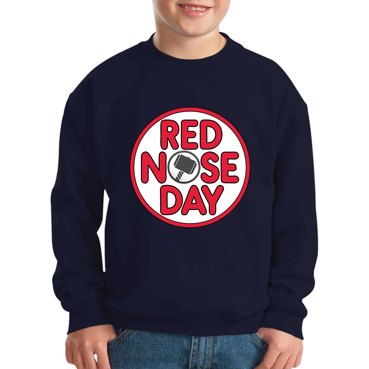 Marvel Avenger Thor Hammer Red Nose Day Kids Sweatshirt. 50% Goes To Charity