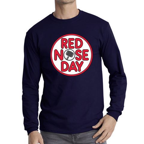 Marvel Avenger Thor Hammer Red Nose Day Adult Long Sleeve T Shirt. 50% Goes To Charity