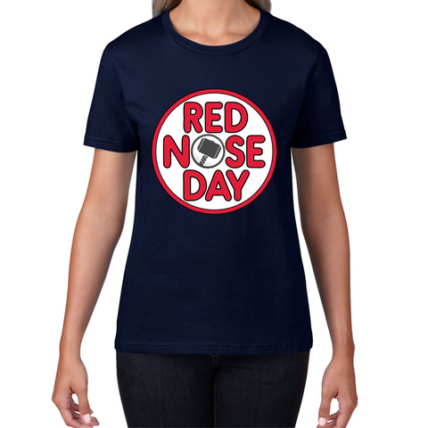 Marvel Avenger Thor Hammer Red Nose Day Ladies T Shirt. 50% Goes To Charity