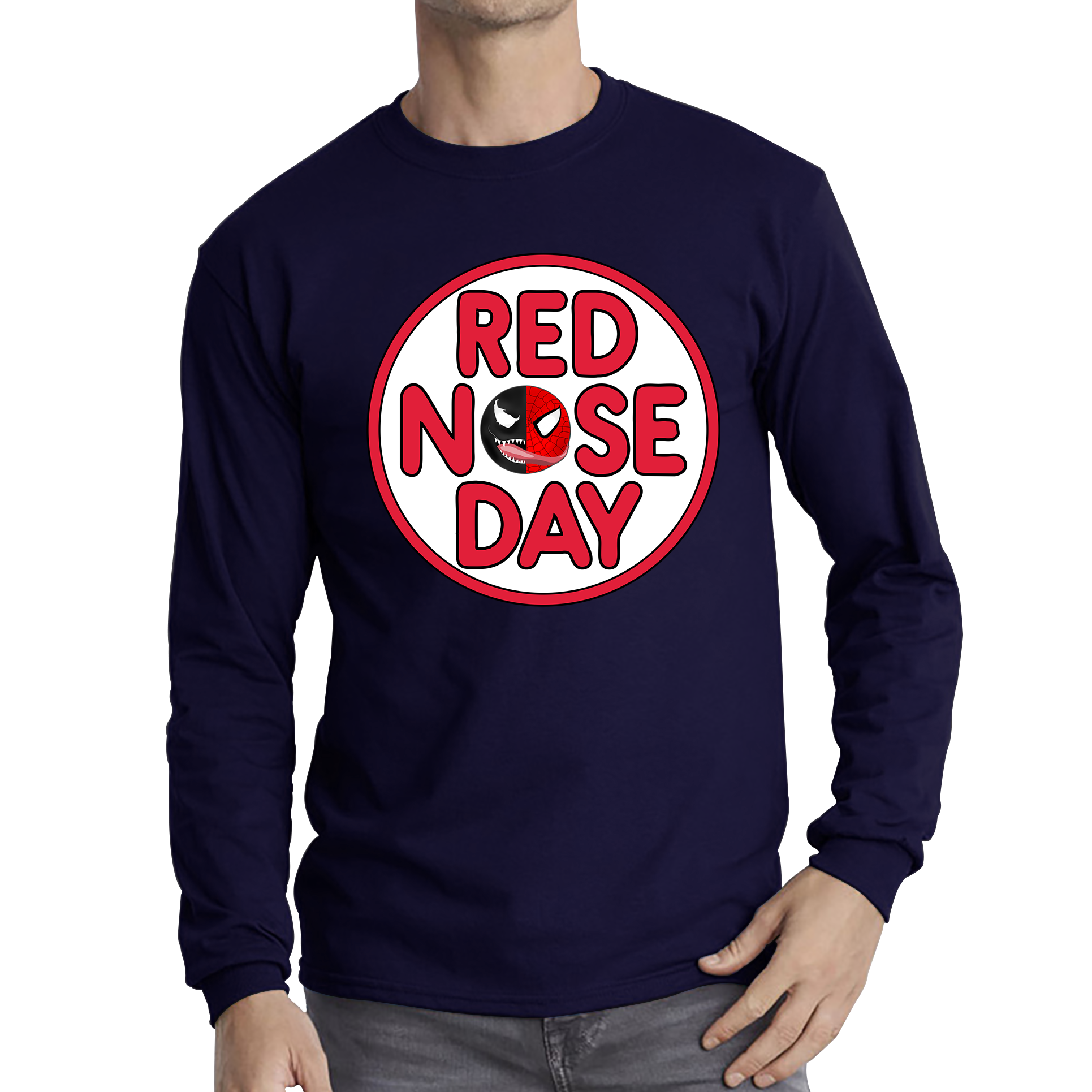 Marvel Venom Spiderman Red Nose Day Adult Long Sleeve T Shirt. 50% Goes To Charity