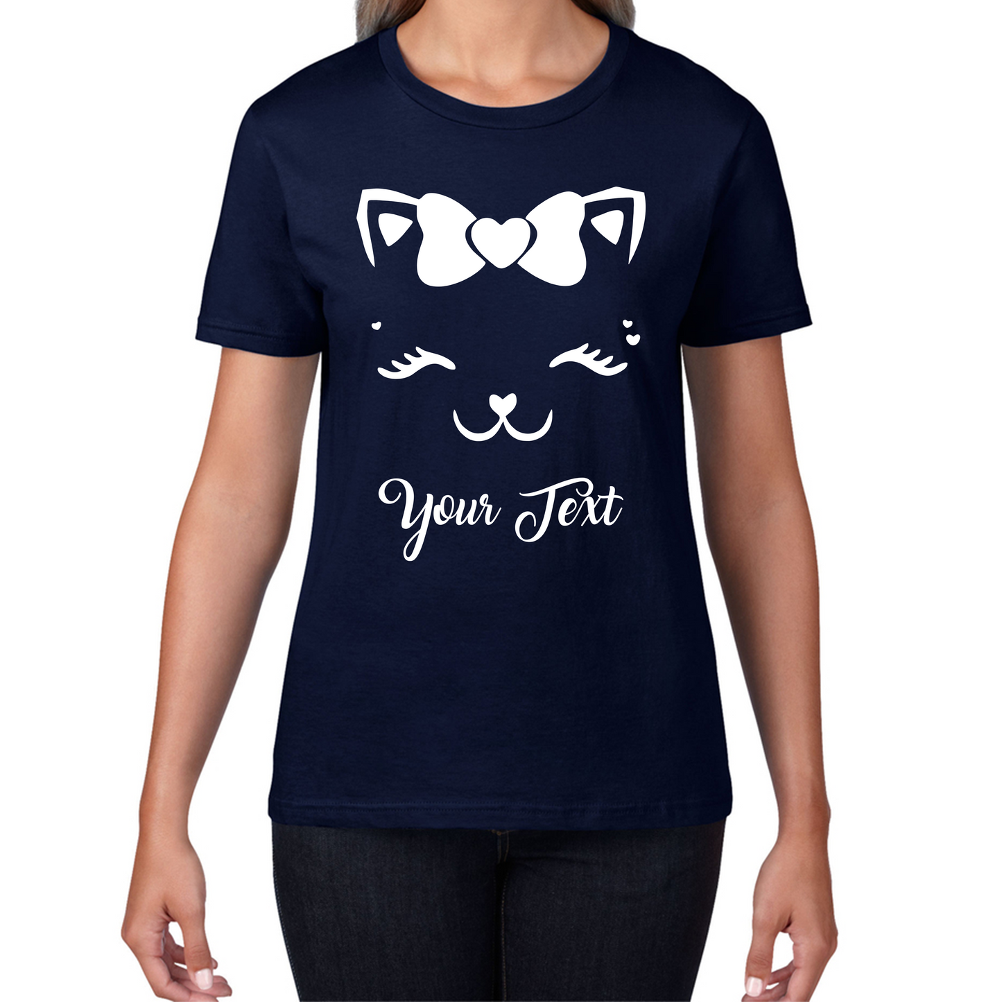 Personalised Cute Cat Face With Bow Your Name Cute Funny Kitten Lashes Cat Lover Birthday Womens Tee Top