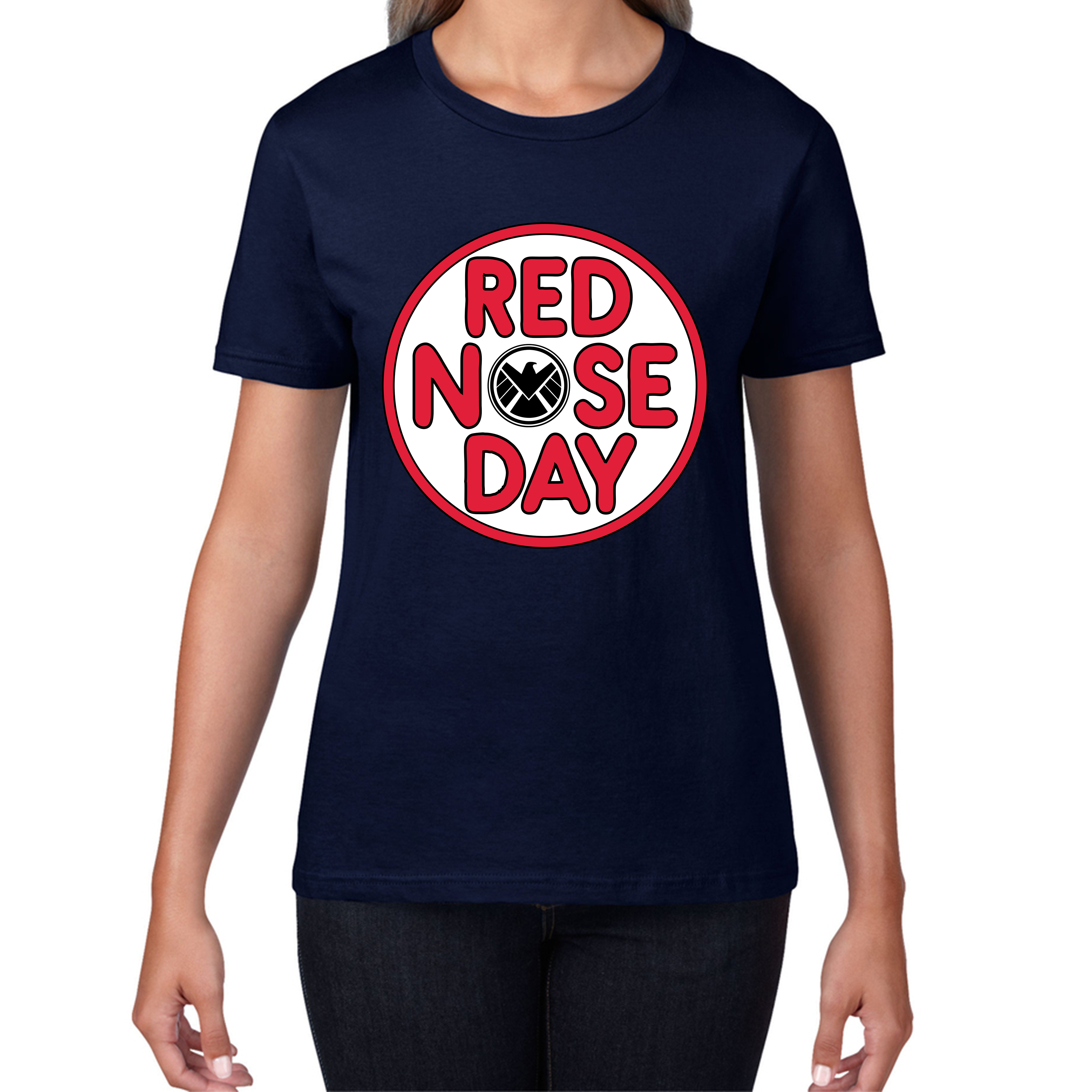 Marvel Shield Red Nose Day Ladies T Shirt. 50% Goes To Charity
