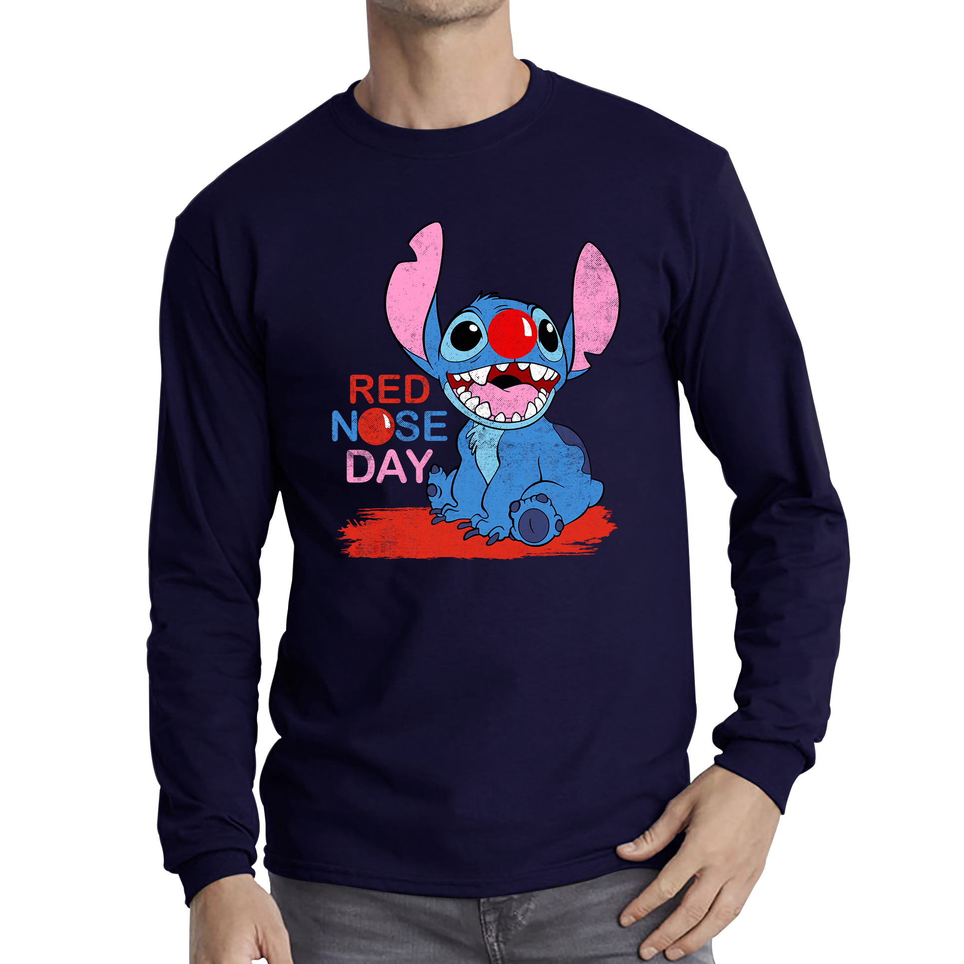 Ohana Disney Stitch Red Nose Day Adult Long Sleeve T Shirt. 50% Goes To Charity