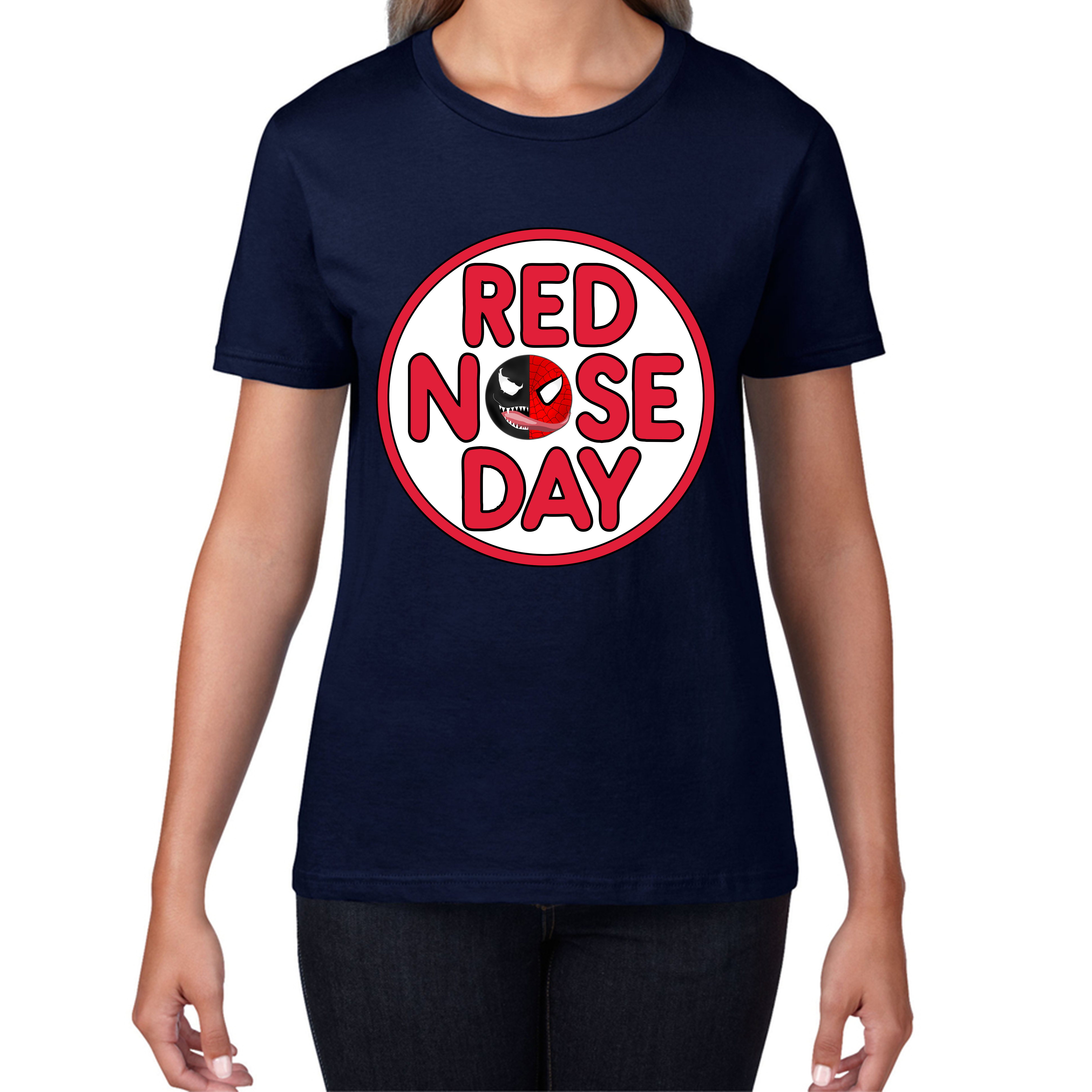 Marvel Venom Spiderman Red Nose Day Ladies T Shirt. 50% Goes To Charity