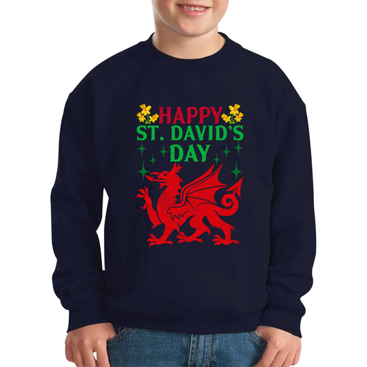 Happy St. David's Day Dragon Welsh Dragon Saint Welsh Language Wales Party Kids Jumper