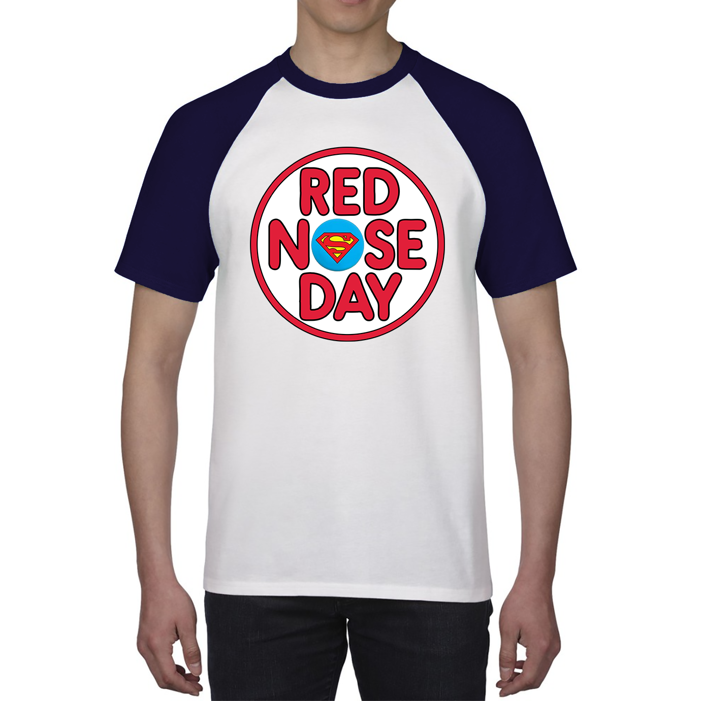 Superman Red Nose Day Baseball T Shirt. 50% Goes To Charity