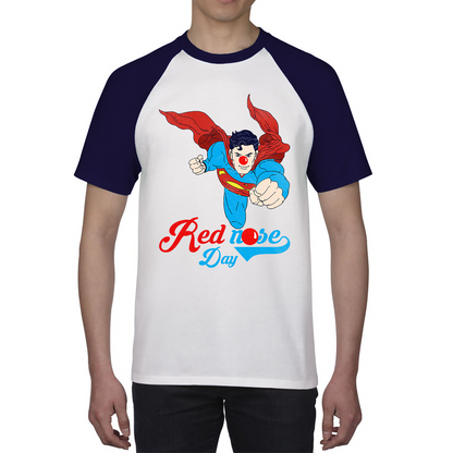 Flying Superman Red Nose Day Comic Superhero Baseball T Shirt. 50% Goes To Charity