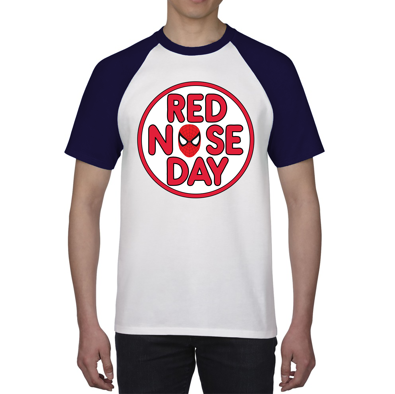 Spiderman Face Red Nose Day Baseball T Shirt. 50% Goes To Charity