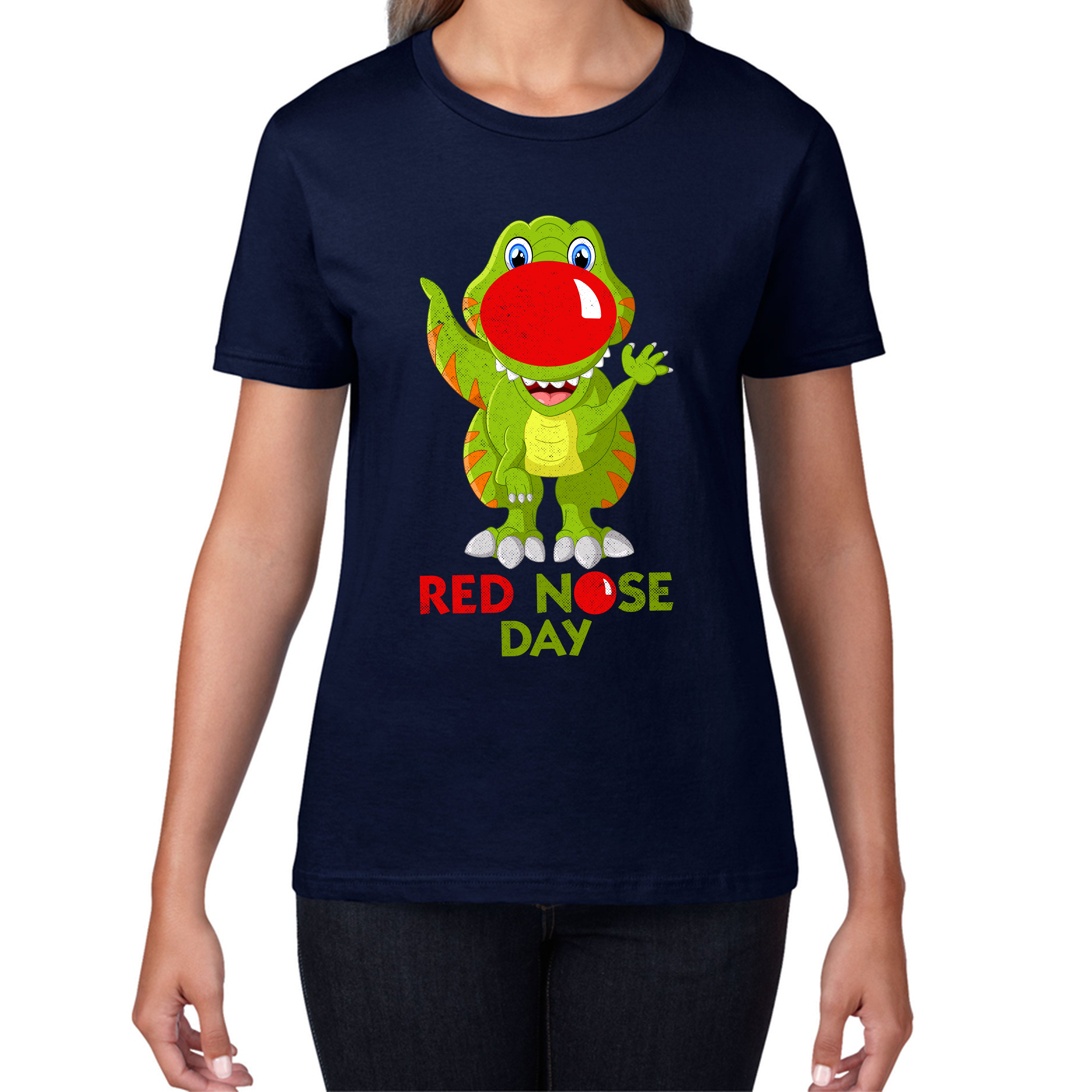 Funny Dinosaur Red Nose Day Ladies T Shirt. 50% Goes To Charity