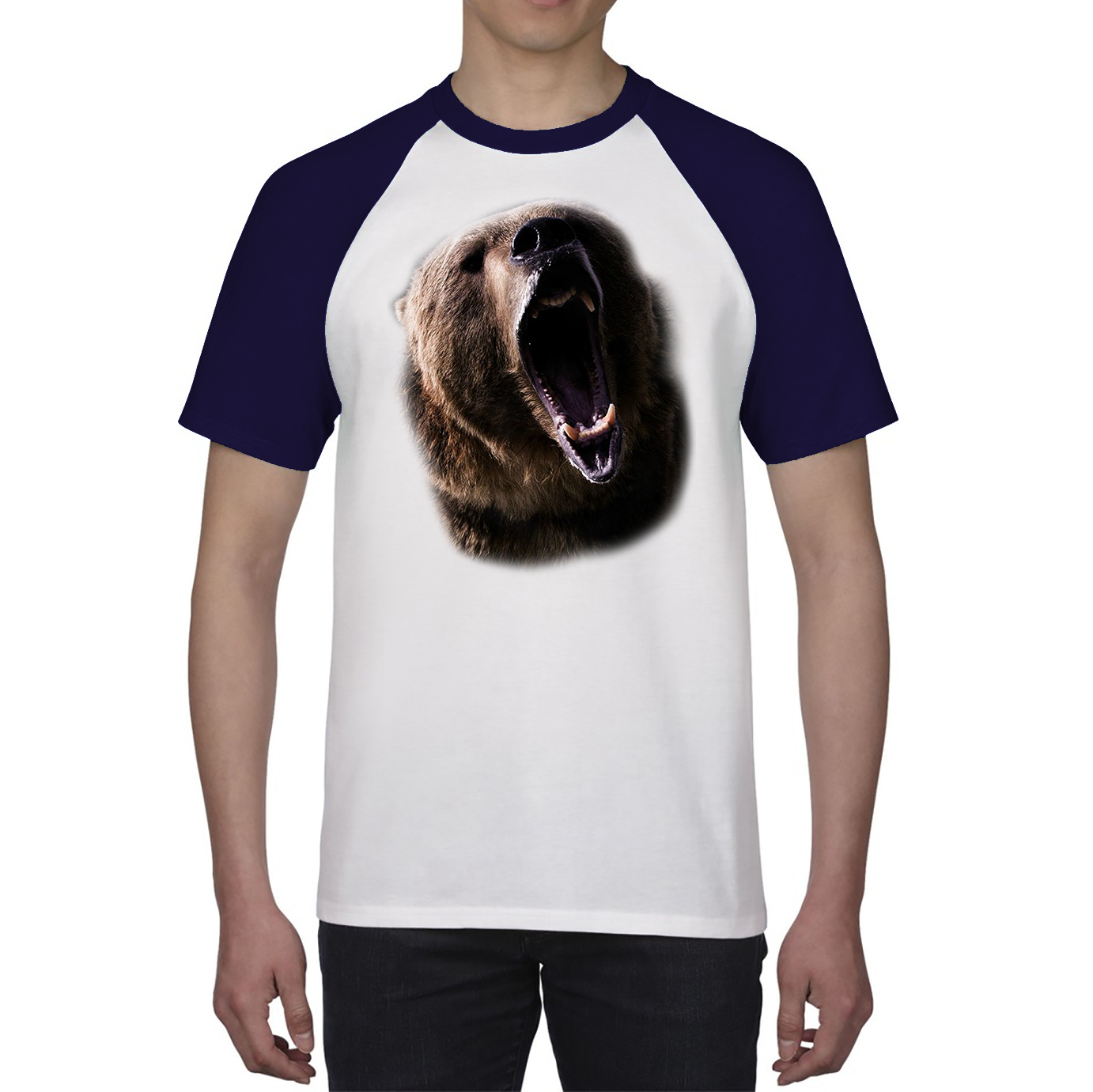 Grizzly Bear Roaring Face Shirt Big Print North American Brown Bear Full On Front Angry Bear Baseball T Shirt