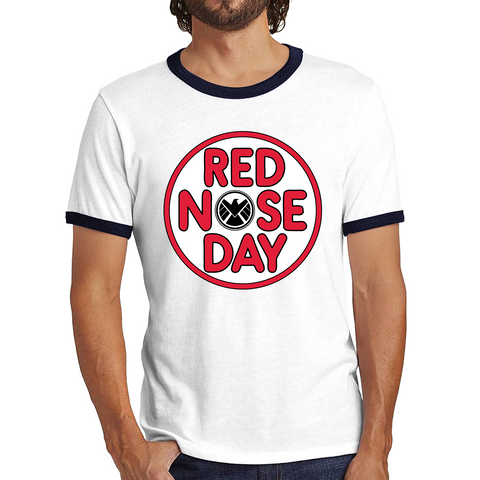Marvel Shield Red Nose Day Ringer T Shirt. 50% Goes To Charity