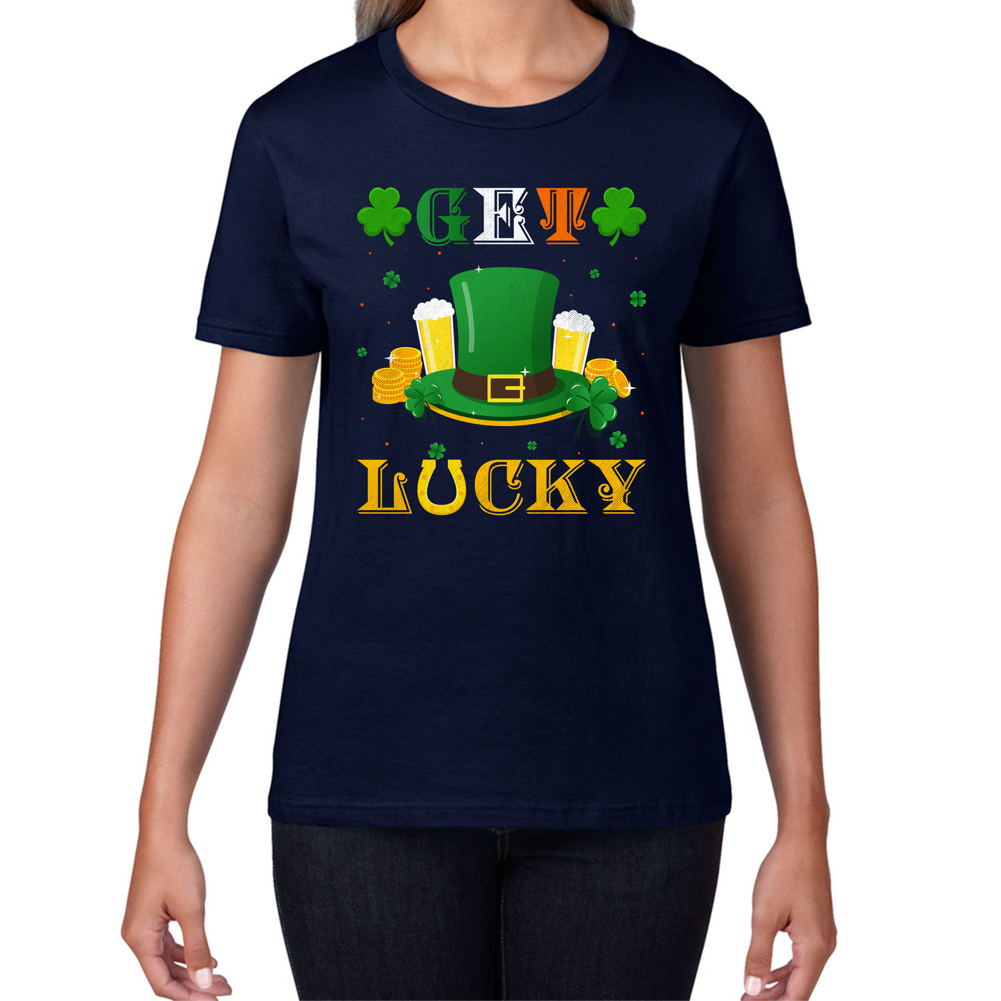 Happy St Patrick's Day Leprechaun Hat Get Lucky Funny St Patricks Day Celebrations Irish Festival Womens Tee Top