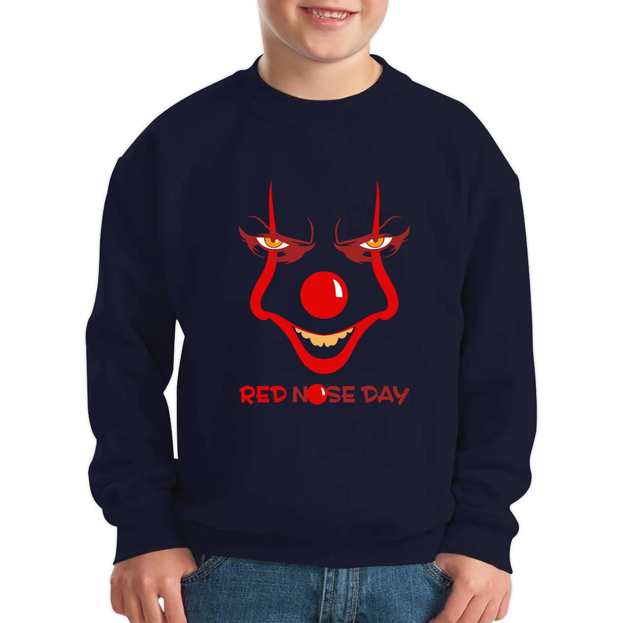 Pennywise Clown Face Red Nose Day Funny Comic Relief Kids Sweatshirt. 50% Goes To Charity