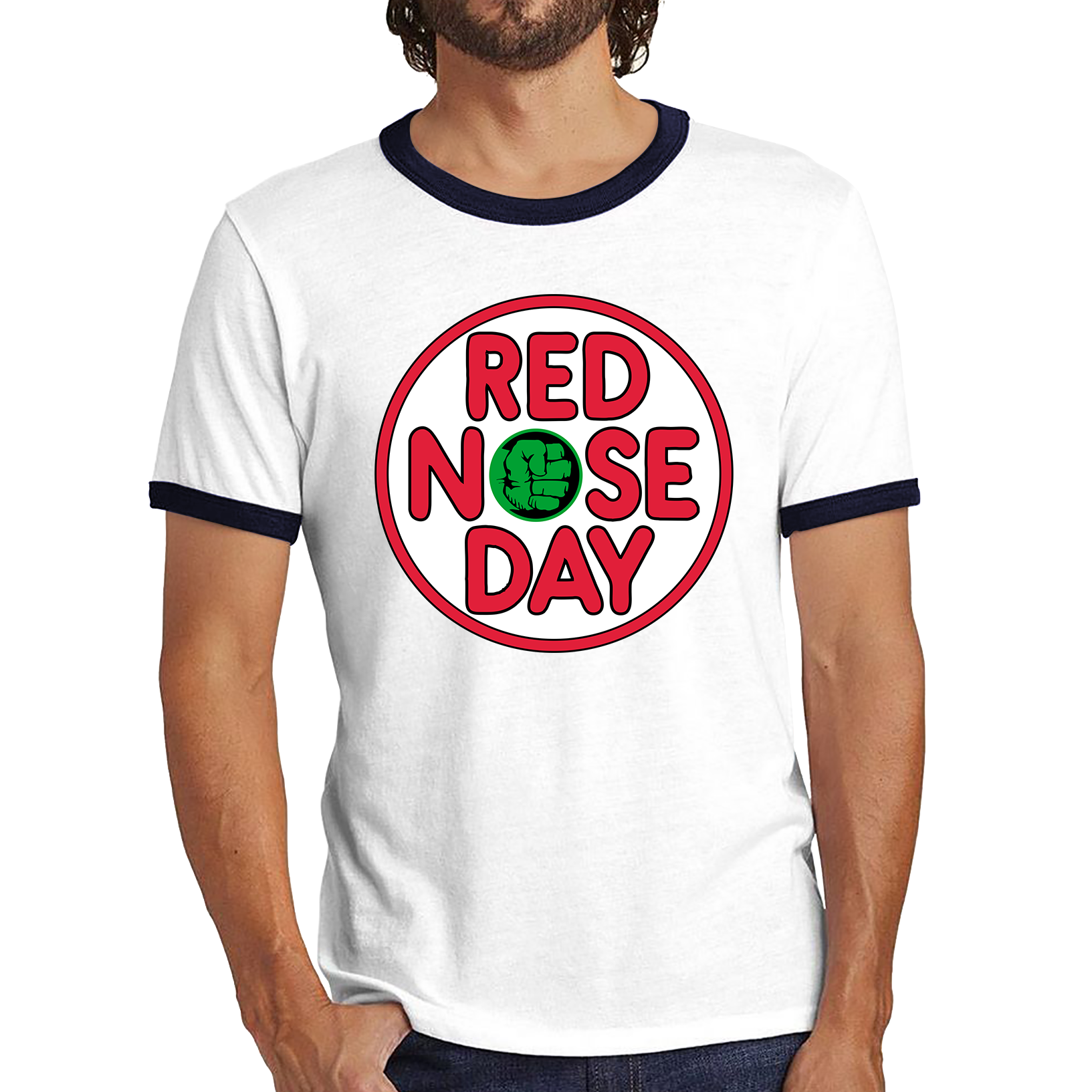 Marvel Avengers Hulk Hand Red Nose Day Ringer T Shirt. 50 Goes To Charity