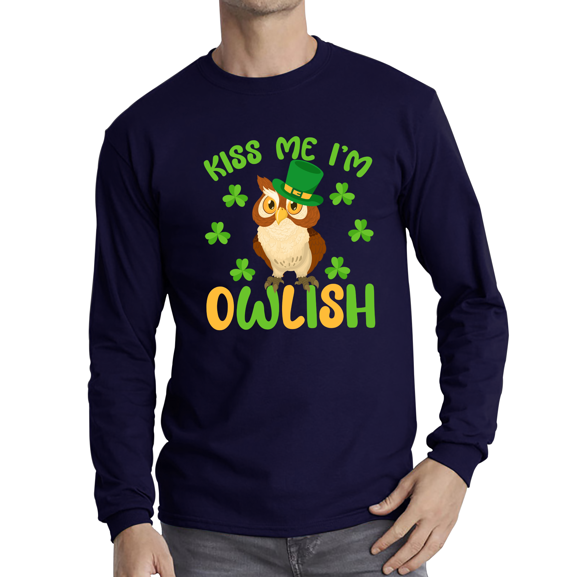Kiss Me I'm Owlish St. Patrick's Day Irish Festival Funny Irish Owl Saint Patrick's Day Long Sleeve T Shirt