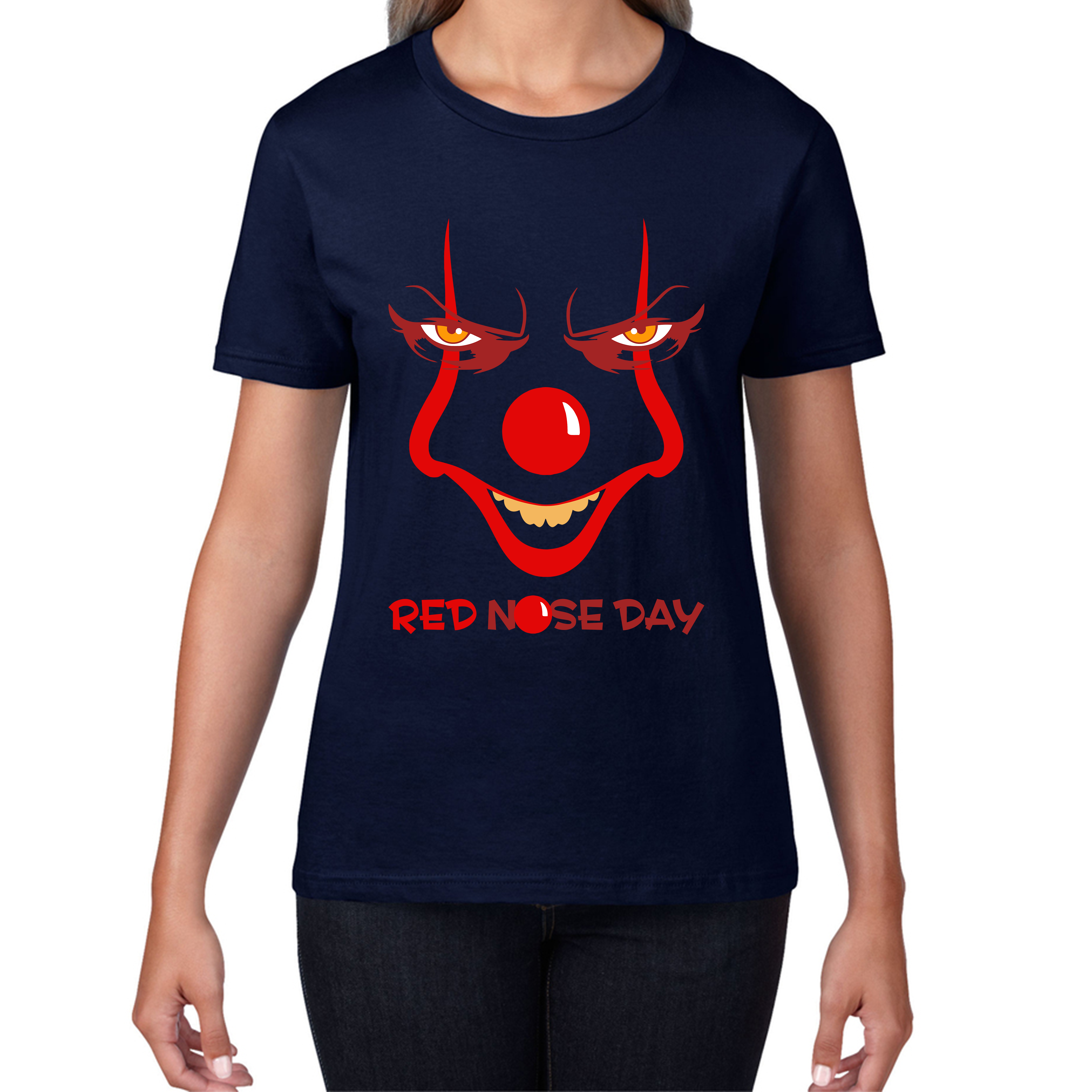 Pennywise Clown Face Red Nose Day Funny Comic Relief Ladies T Shirt. 50% Goes To Charity