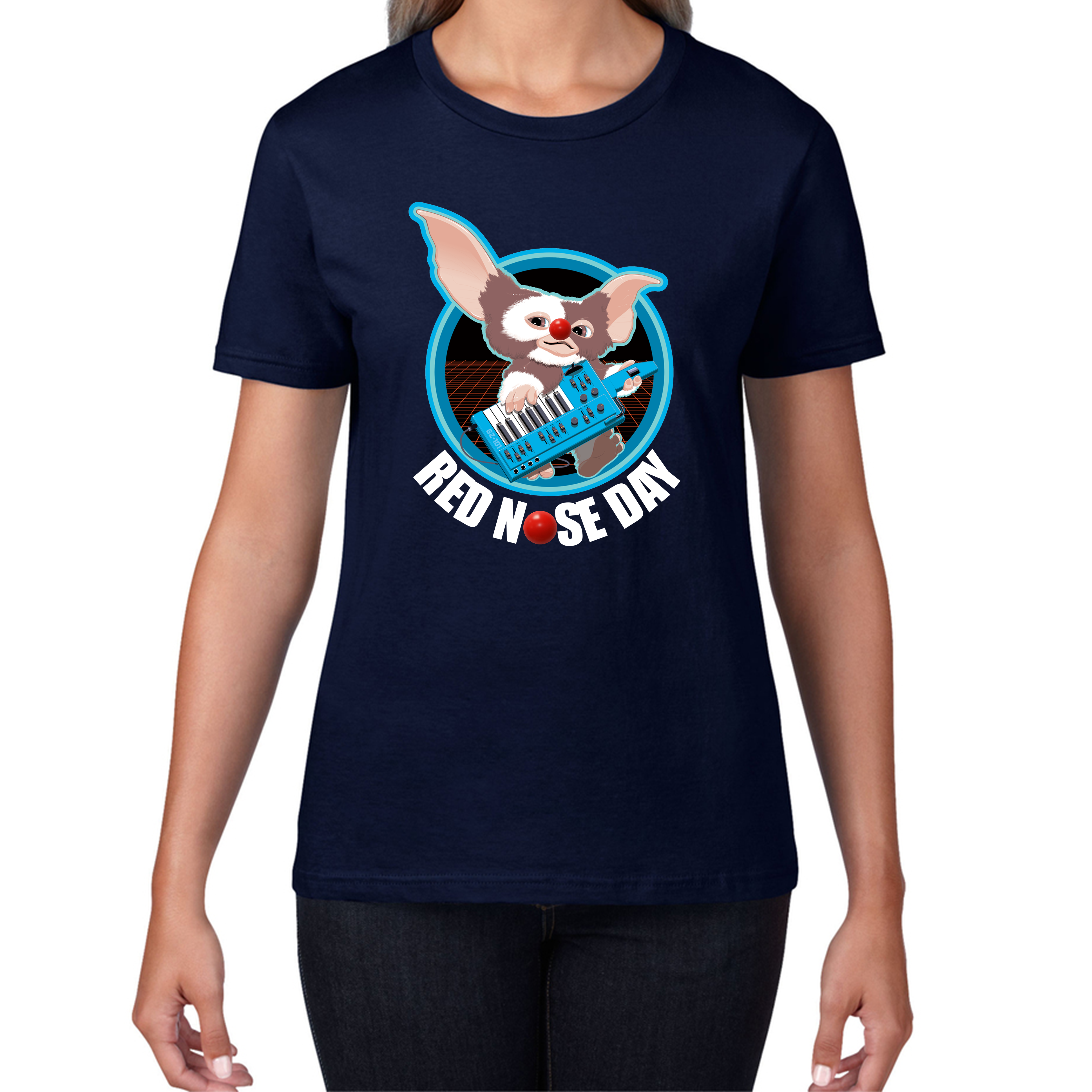 Gremlins Gizmo Piano Red Nose Day Ladies T Shirt. 50% Goes To Charity