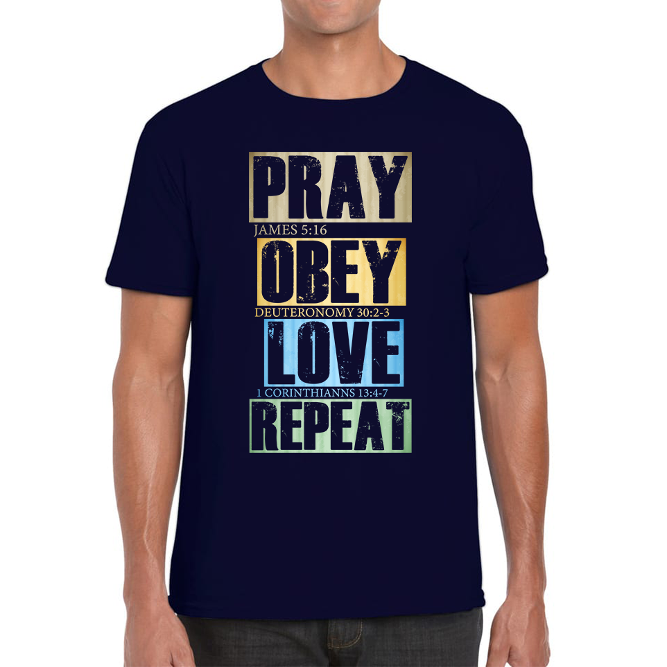 Pray Obey Love Repeat Vintage Christian Bible Christianity Mens Tee Top