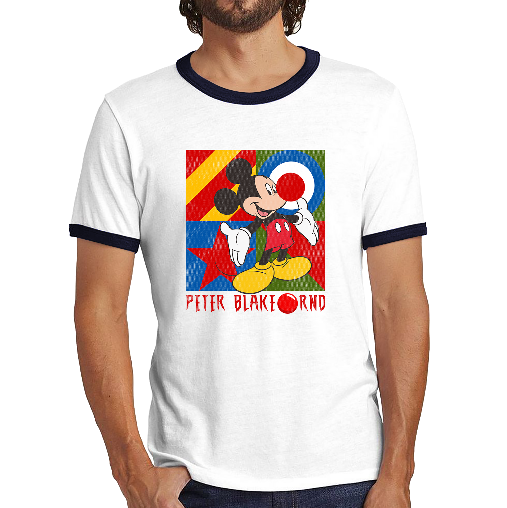 Peter Blake Mickey Mouse Red Nose Day Ringer T Shirt. 50% Goes To Charity