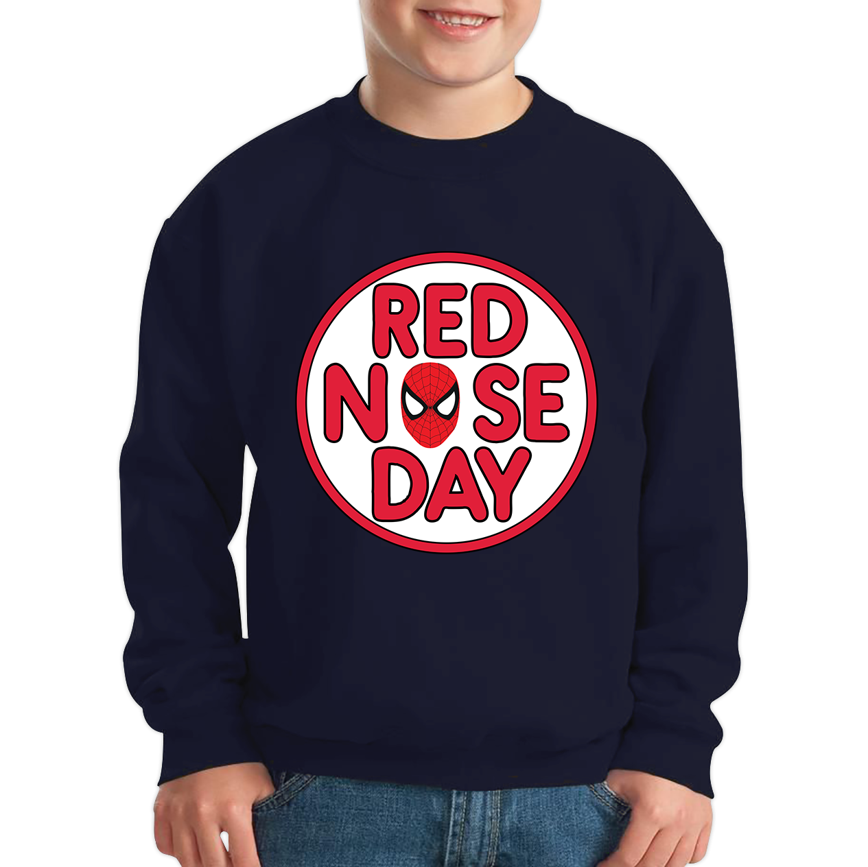 Spiderman Face Red Nose Day Kids Sweatshirt. 50% Goes To Charity