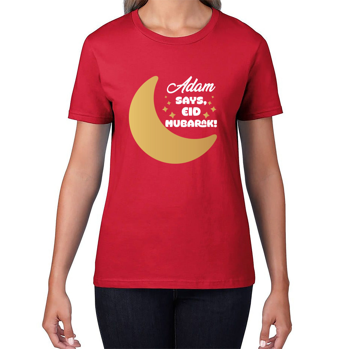 Personalised Your Name Says Eid Mubarak Moon Islamic Blessed Festive Celebration Religious Holy Month Womens Tee Top