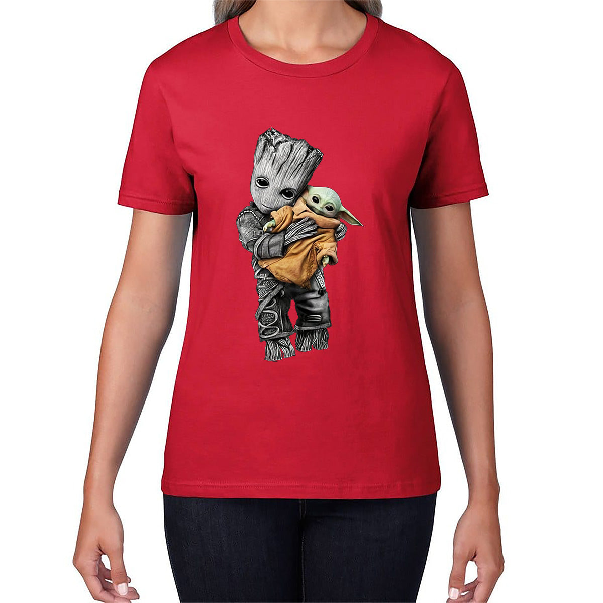 Baby Groot Holding Baby Yoda Avengers Hero Star Avenger Jedi Wars Star Wars Day 46th Anniversary Womens Tee Top