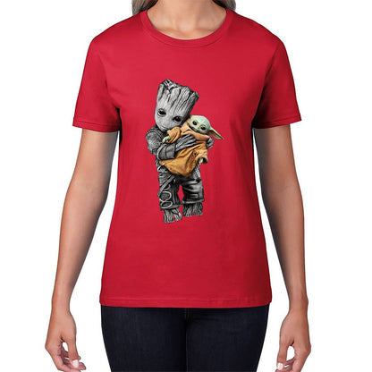 Baby Groot Holding Baby Yoda Avengers Hero Star Avenger Jedi Wars Star Wars Day 46th Anniversary Womens Tee Top