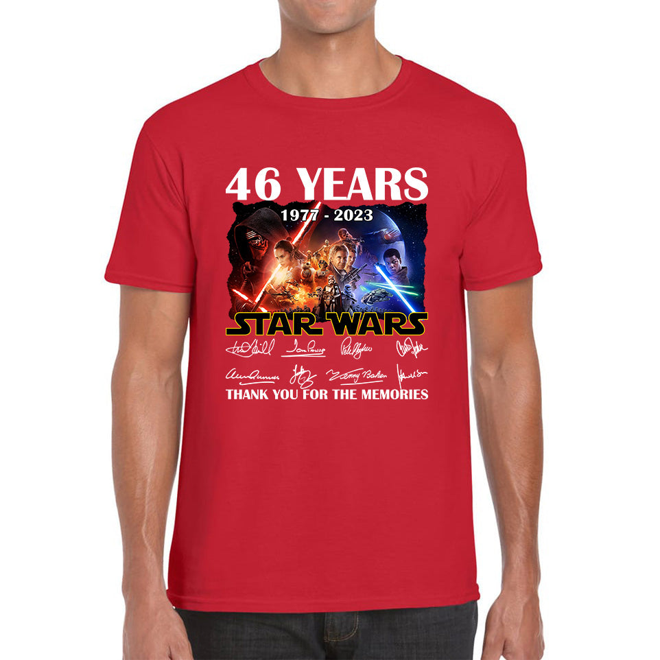 Disney Star Wars Day 46th Anniversary 1977-2023 The Force Awakens Characters Signatures Thank You For The Memories Mens Tee Top