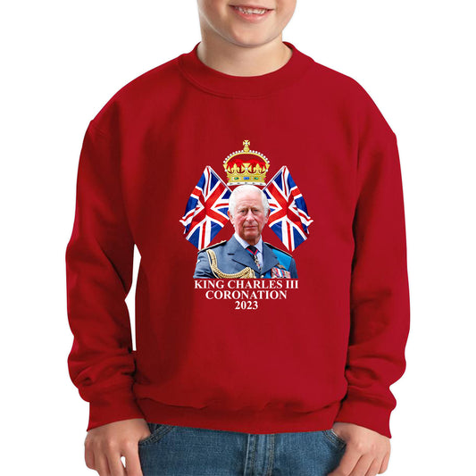 King Charles III Coronation 2023 British United Kingdom Uk Flags CR III Royal Crown Ruling Monarch Of England Kids Jumper